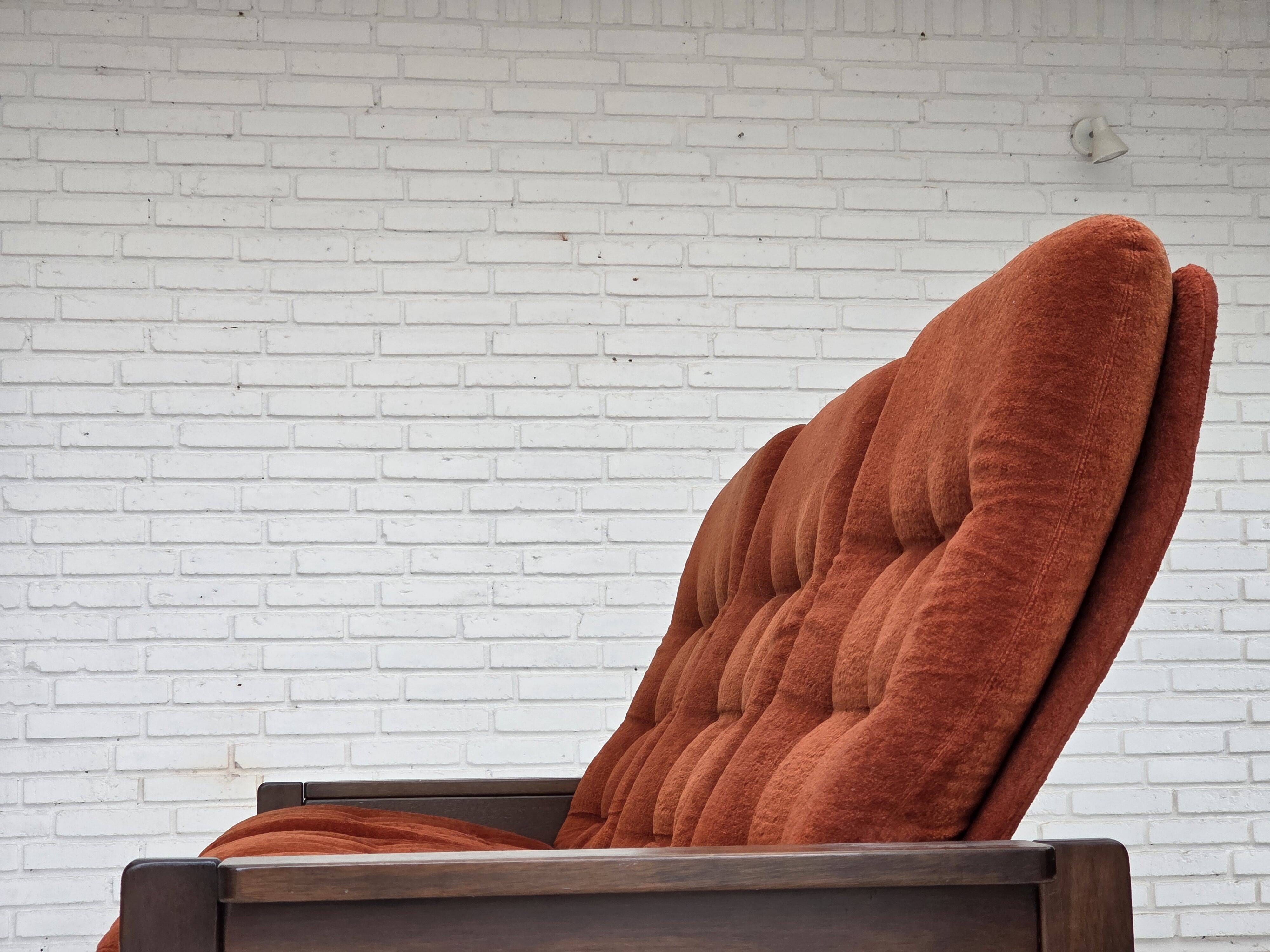 1970s, 3-seater Danish sofa, orange/red furniture velour, oak wood.