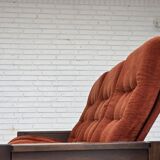 1970s, 3-seater Danish sofa, orange/red furniture velour, oak wood.