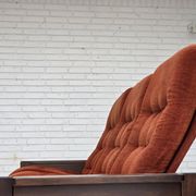 1970s, 3-seater Danish sofa, orange/red furniture velour, oak wood.