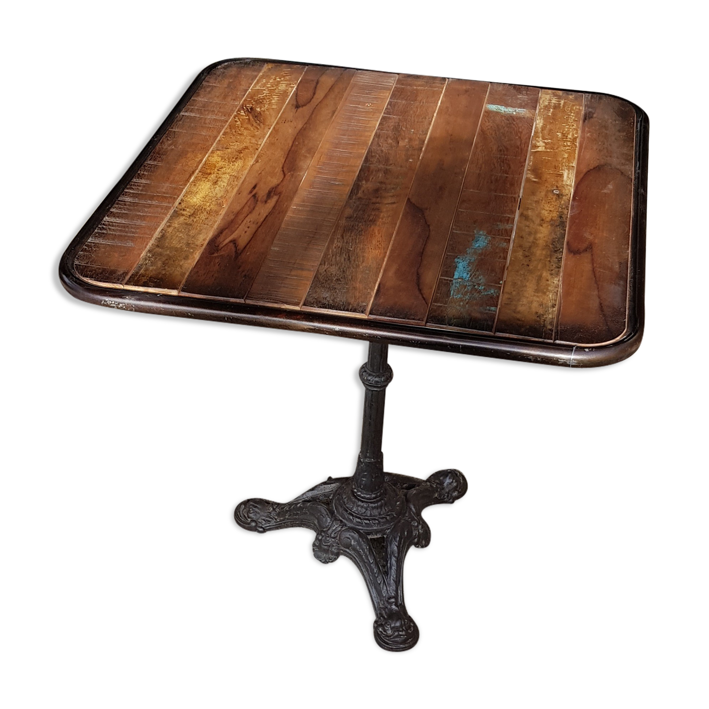 Wooden tray bistro table with old cast iron base