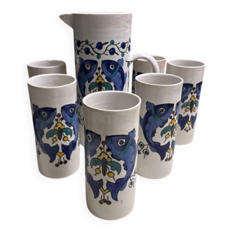 Carafe et verre motif poisson bleu