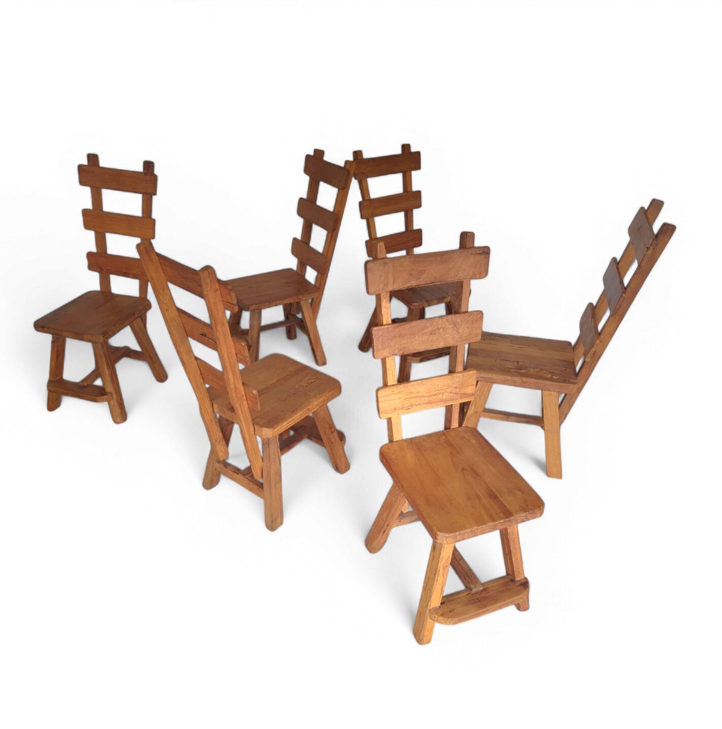 Elm wood brutalist wabi sabi dining set with 6 chairs & Table, 1960s
