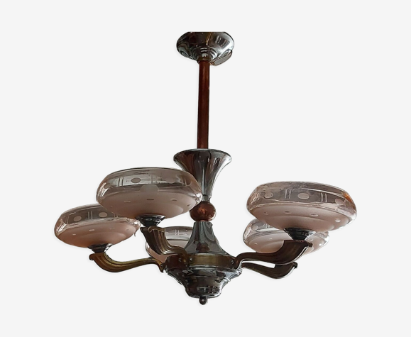 Lustre 5 globes rosés nickel/cuivre art déco 1950