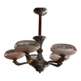 Chandelier 5 pink globes nickel, copper art deco 1950