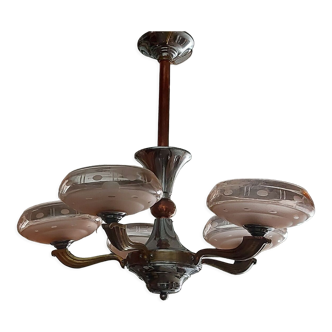 Chandelier 5 pink globes nickel, copper art deco 1950