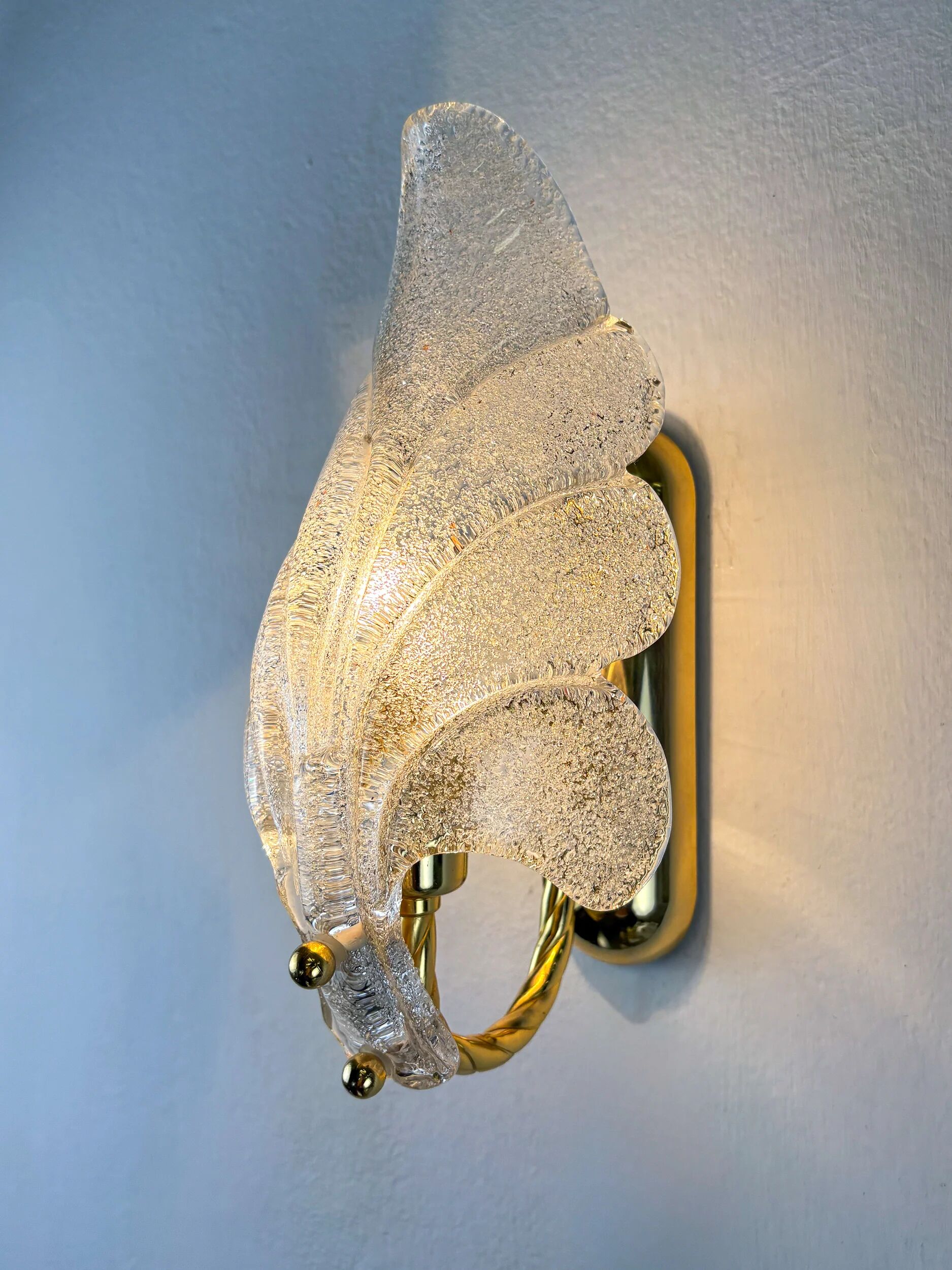 Pair of Murano frosted leaf sconces, textured glass & gilt brass, Italy, 1970s