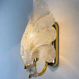 Pair of Murano frosted leaf sconces, textured glass & gilt brass, Italy, 1970s