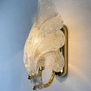 Pair of Murano frosted leaf sconces, textured glass & gilt brass, Italy, 1970s