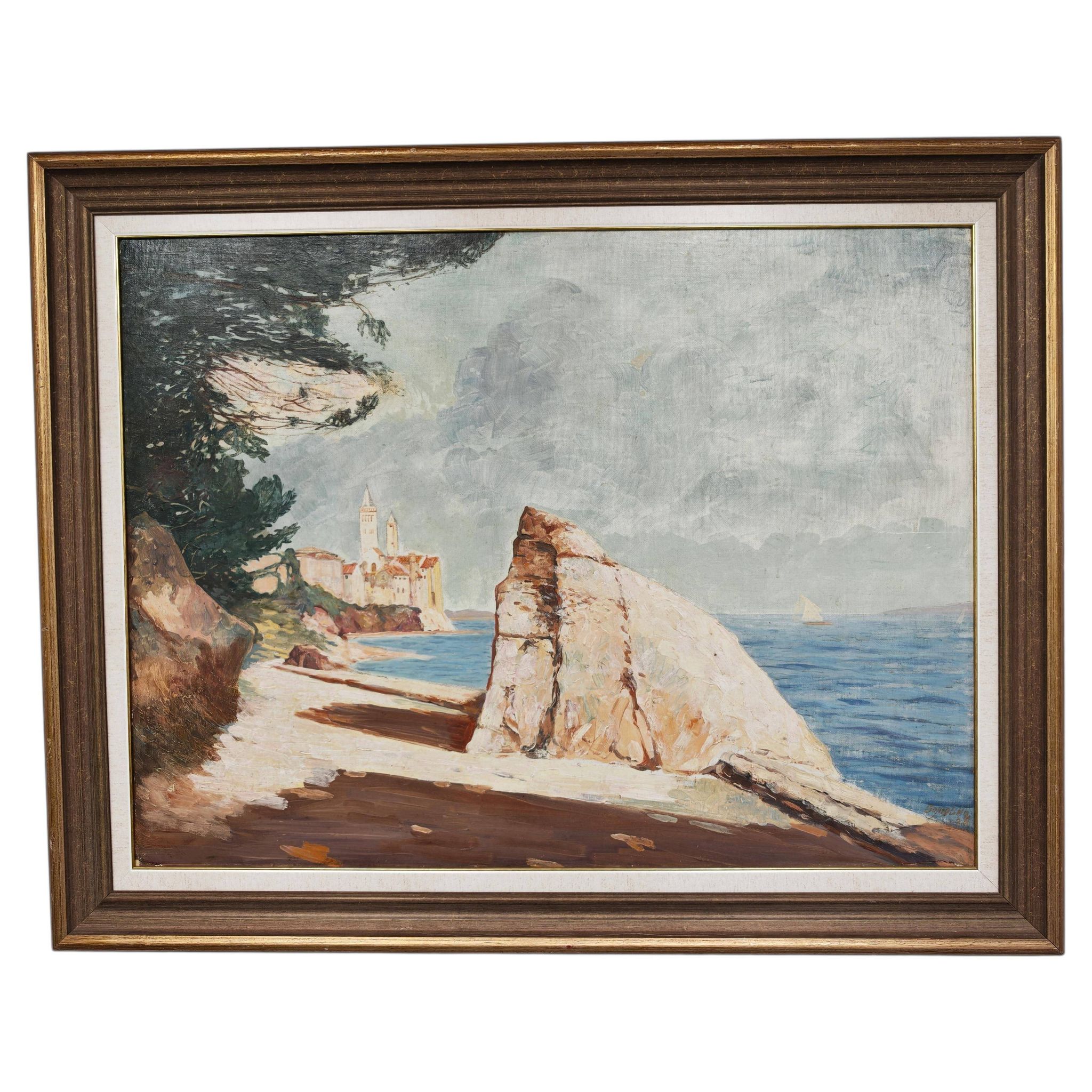 Rab Island, oil on hardboard by Bogoslav Vojinović Pelikan 1926