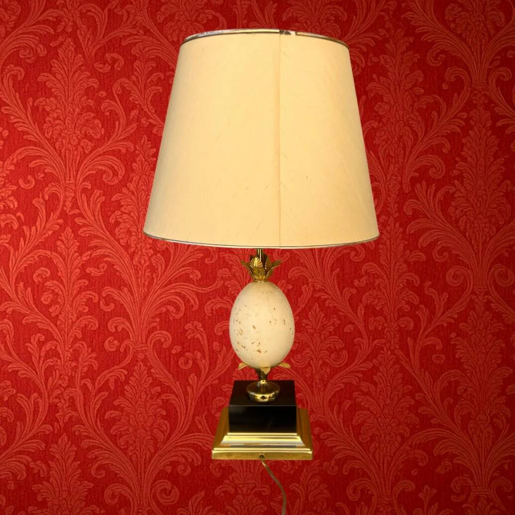Vintage ostrich egg lamp travertine brass 1970s Maison Charles style
