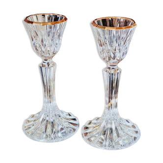 2 gold-edged crystal candlesticks