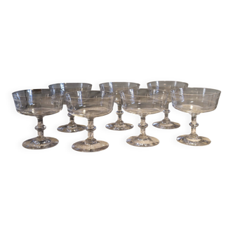 7 crystal champagne coupes from Baccarat - engraved with fillets