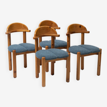 Ensemble de 4 chaises à repas en pin, retapissées en boucle bleue, Danemark, années 1970