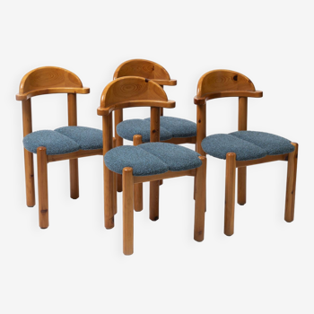 Set of 4 dining chairs in pine, reupholstered on blus boucle, Denmark, 1970s