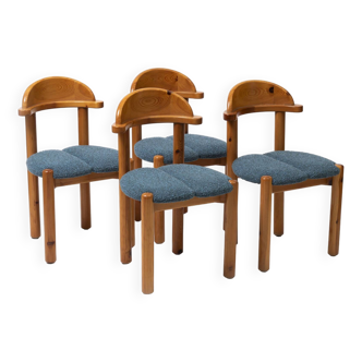 Ensemble de 4 chaises à repas en pin, retapissées en boucle bleue, Danemark, années 1970