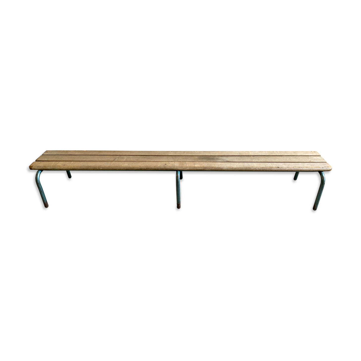 Vintage wood kindergarten bench and tubular structure in long