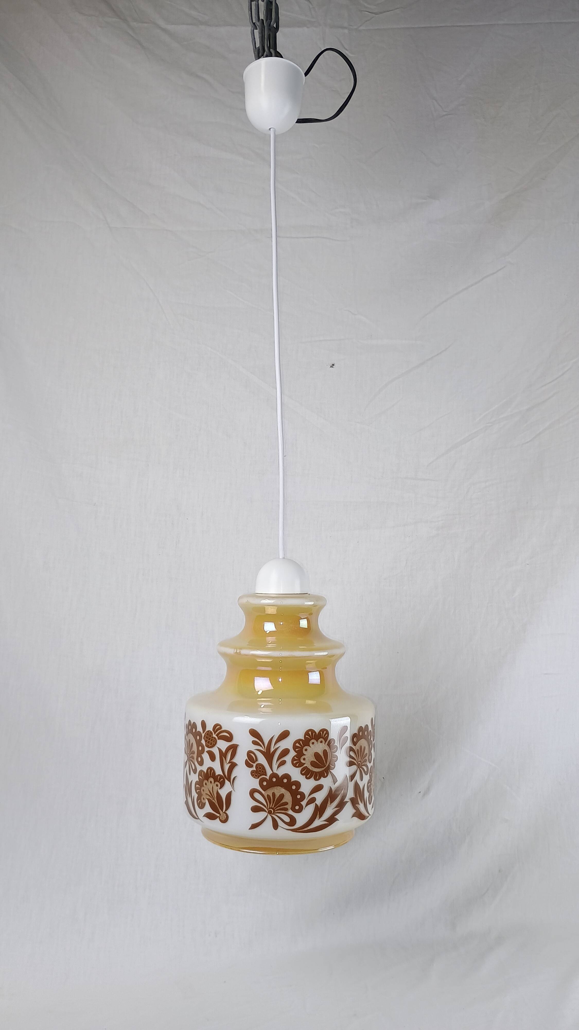 Venini Vintage Murano Glass Pendant Light, White and Brown Floral Design, 1950s