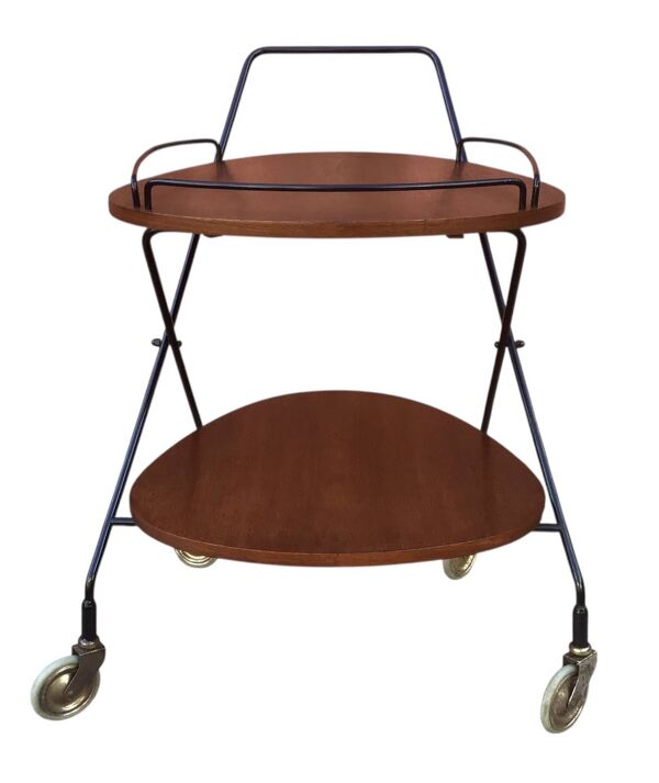 Desserte scandinave vintage en teck & métal, roulettes métal,  années 60