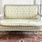 Directoire French silk sofa bench with blue, grey and white 18th century patterns