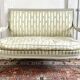 Directoire French silk sofa bench with blue, grey and white 18th century patterns