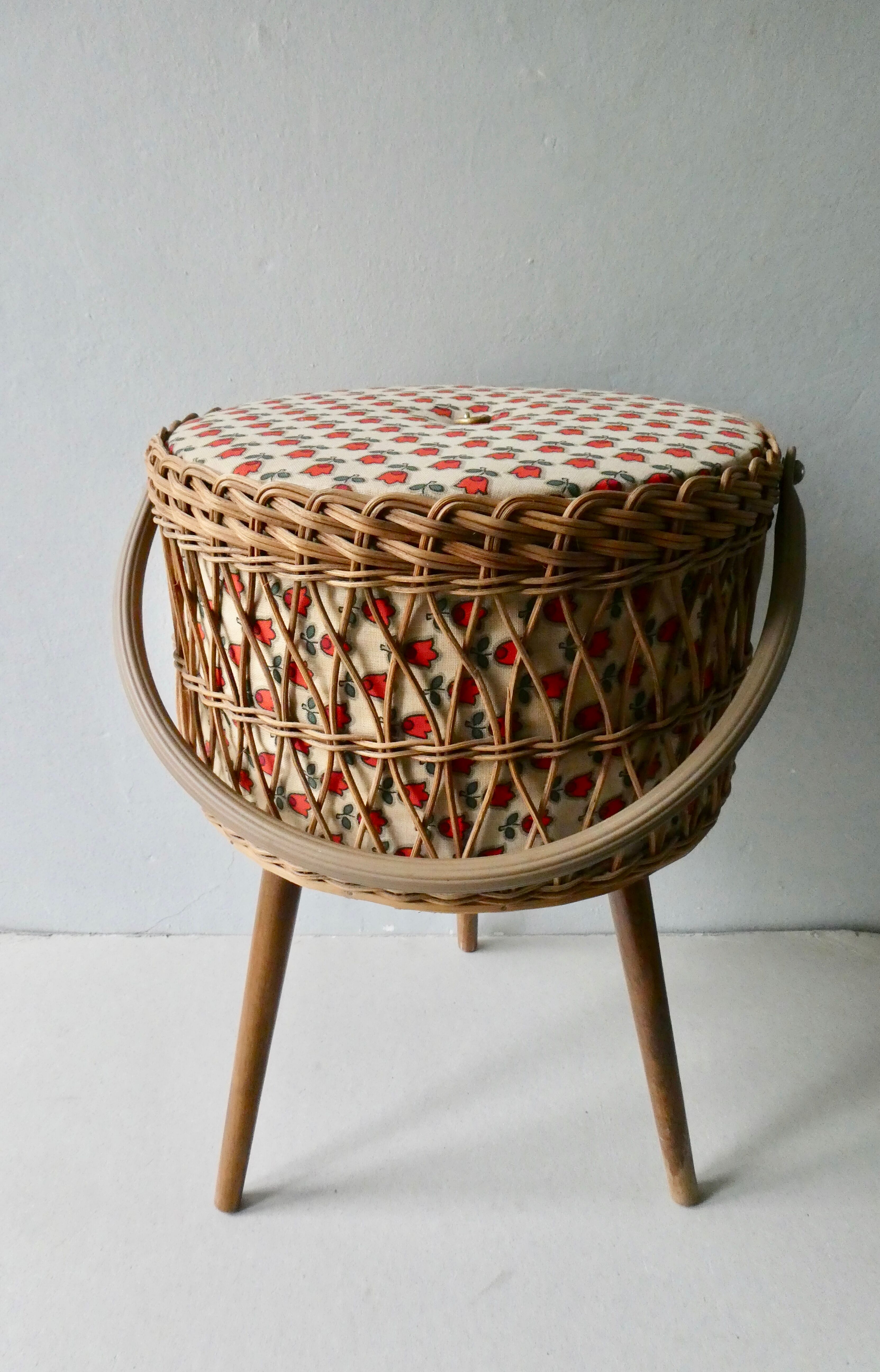 Tripod worker, sewing box, rattan and wood, 60s