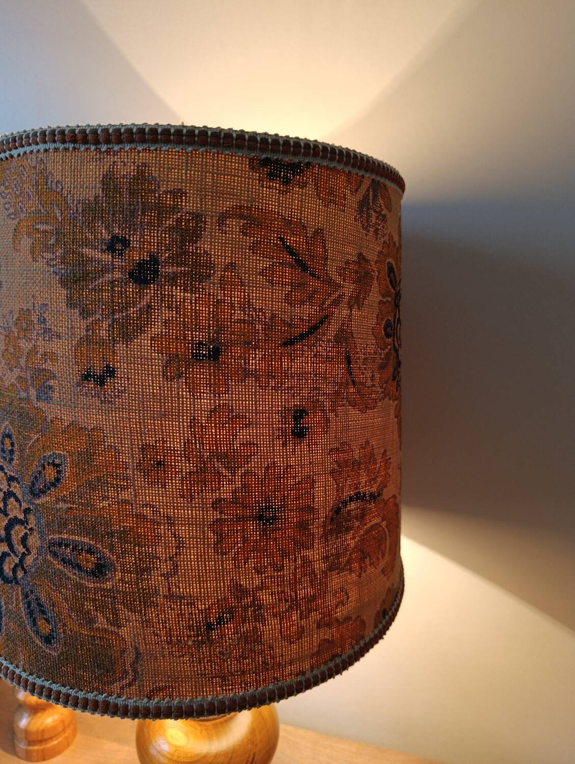 turned wooden lamp with a jute floral shade, authentic sixties