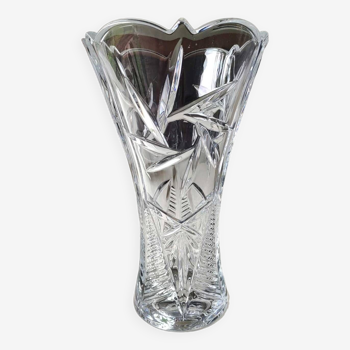 Vase en cristal de Bohème taillé. Motifs croisillons/Étoilés/Feuillagés. Stylé Boho-Chic. Haut 24,5 cm