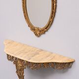 Classic gilded Brass console with oval mirror 1950s Italy