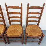 Set of 4 vintage brutalist Charles Dudouyt chairs in wood and straw from the 60s