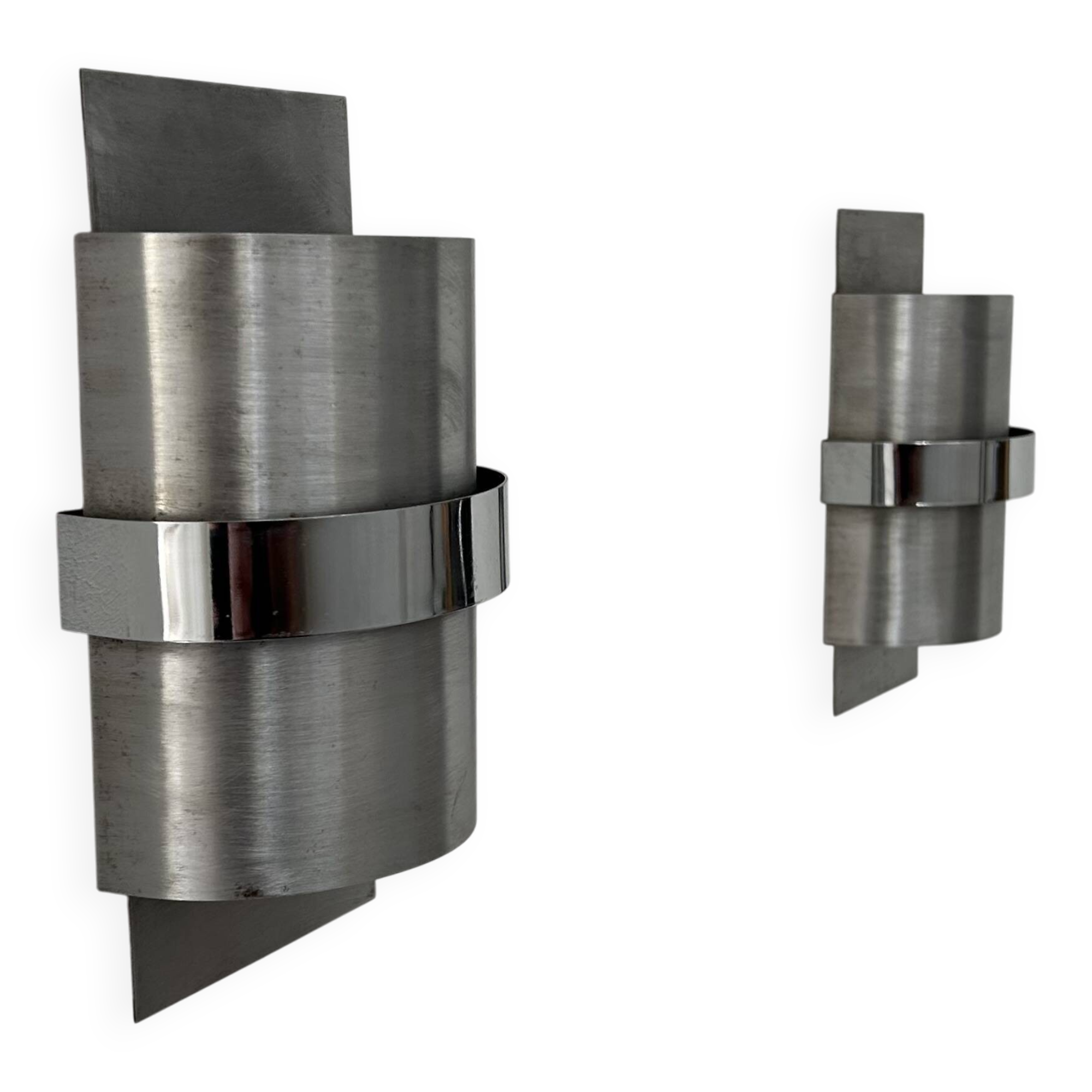 Pair of vintage wall lights, brushed metal and chrome, France 1970