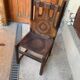 Handcrafted brown leather armchair, dark wood frame, circular pattern - 1970s.