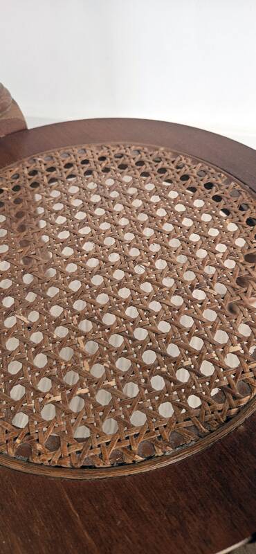 Antique marquetry side table in wood and cane.