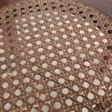 Antique marquetry side table in wood and cane.