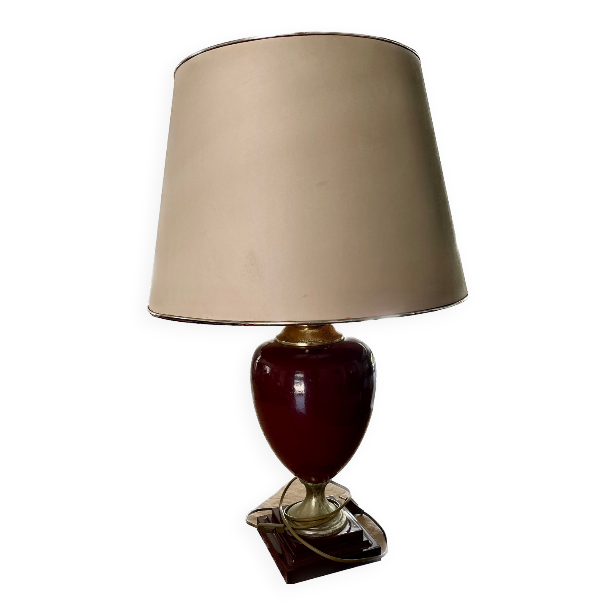 Large burgundy ceramic and brass table lamp