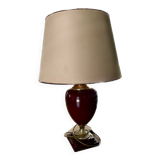 large burgundy ceramic and brass table lamp