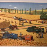 Displays school vintage harvest and the river in summer