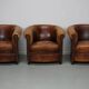 Fauteuils club vintage hollandais en cuir cognac, lot de trois