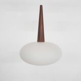 Set of three milk glass and teak pendant lights model NG74 by Louis Kalff for Philips, The Netherlan