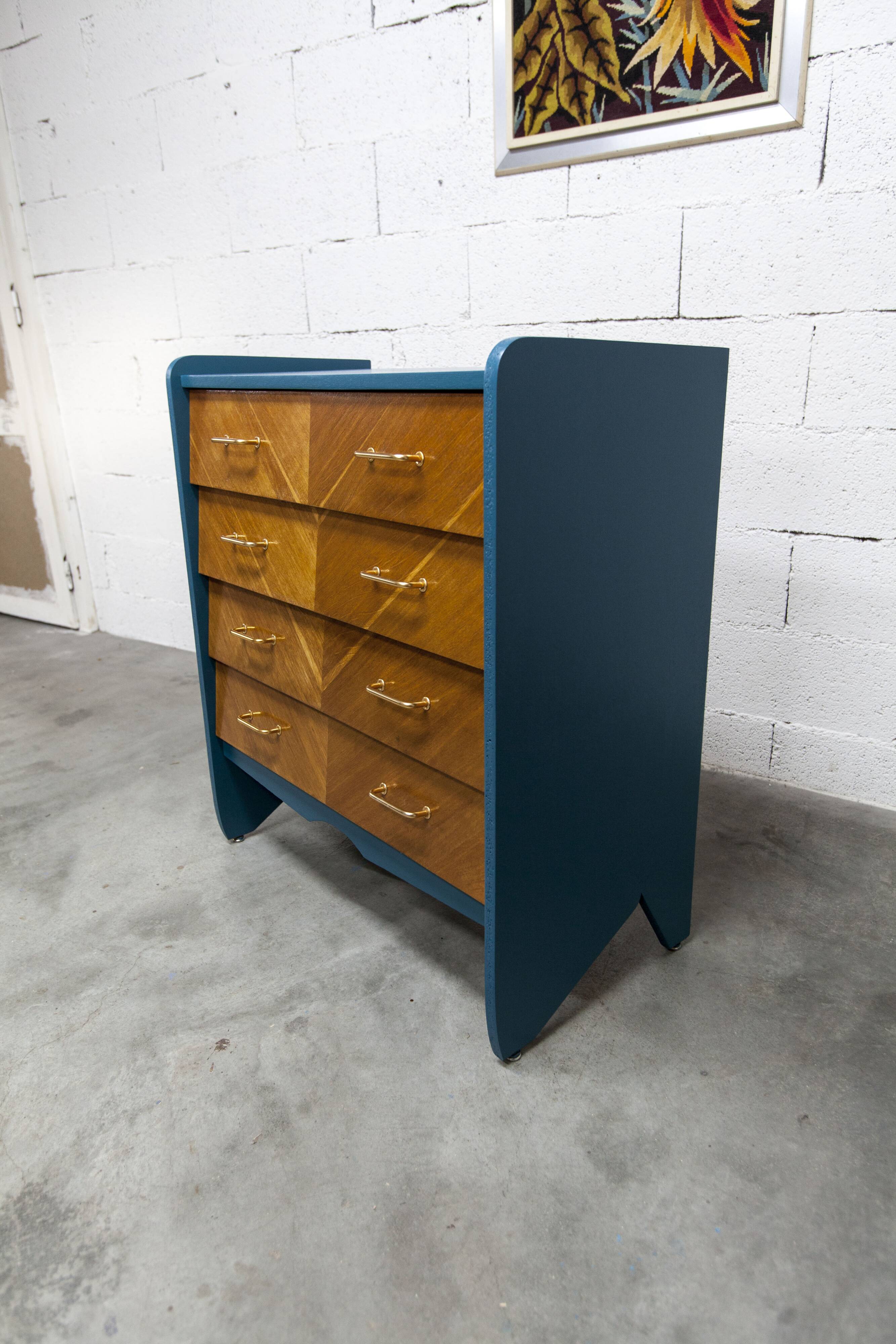 Commode scandinave 1960 atypique bleu Satiné 4 tiroirs