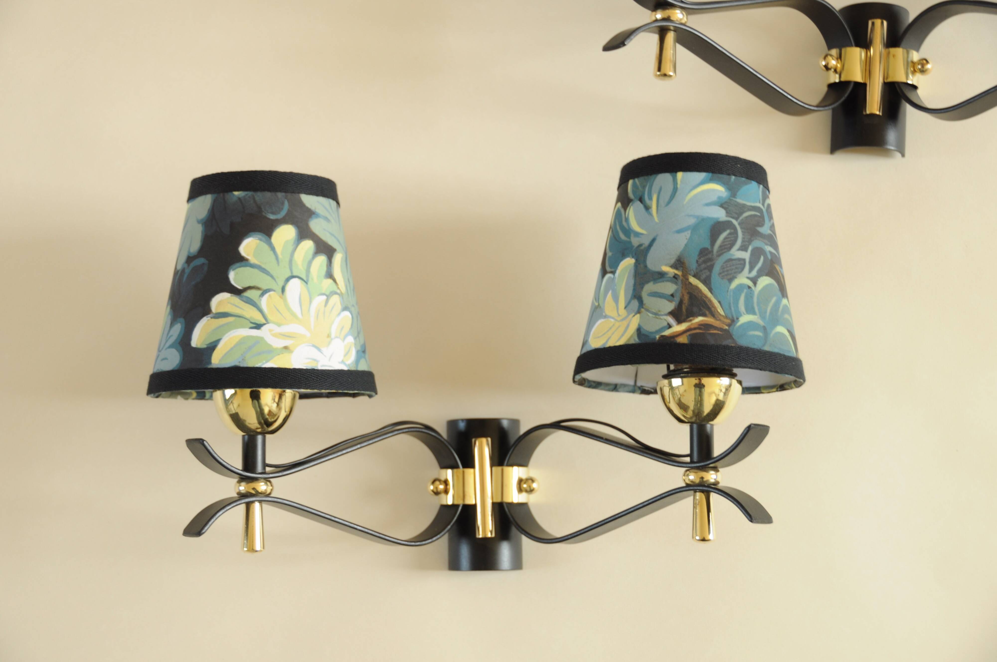 Pair of vintage black and gold wall lights - 18th century foliage lampshade