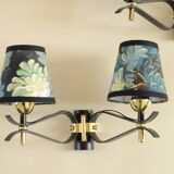 Pair of vintage black and gold wall lights - 18th century foliage lampshade