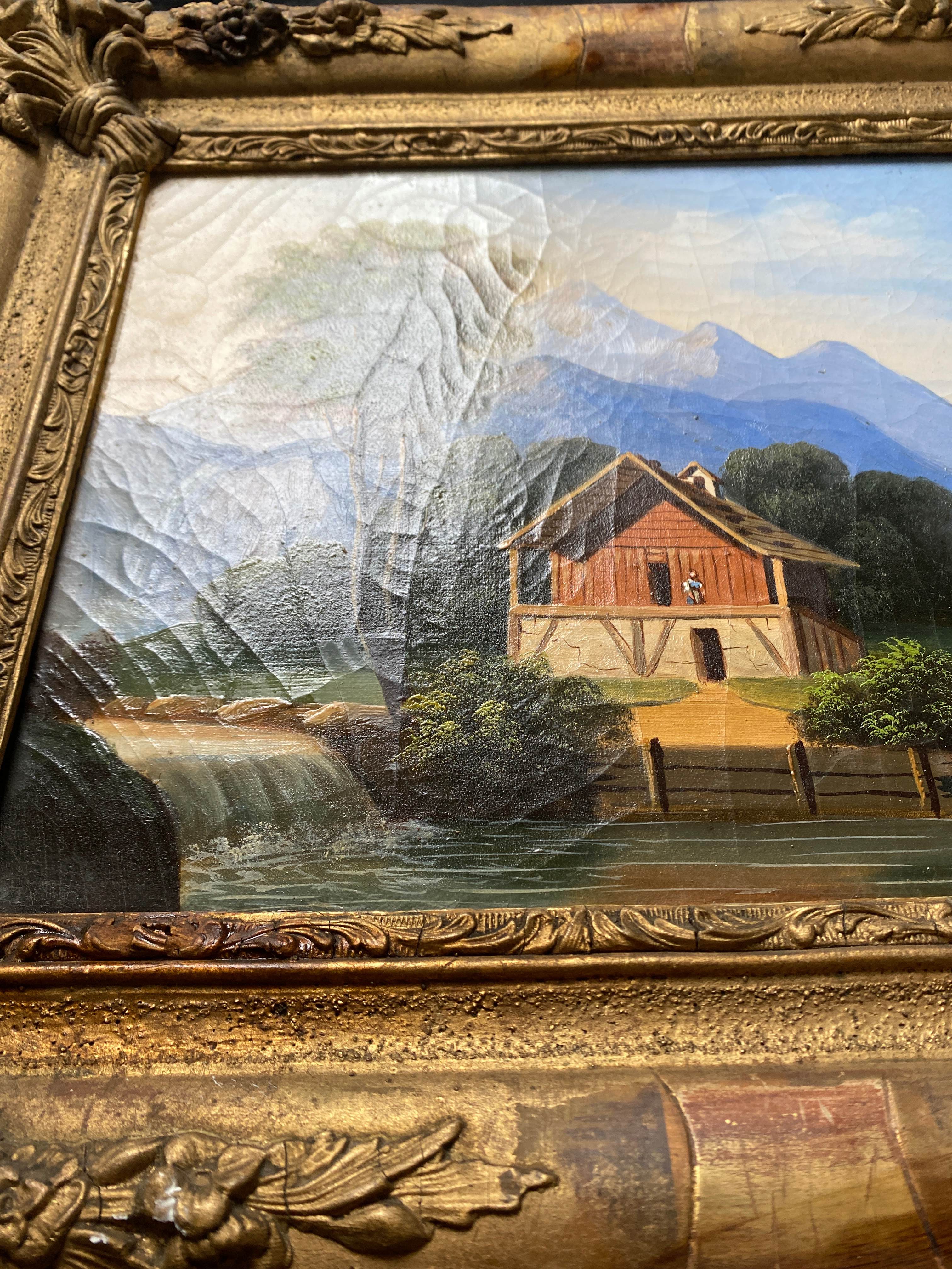 Table HST "Mountain landscape at the lively waterfall" XIX° + frame