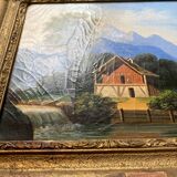 Tableau HST "Paysage de montagne à la cascade animé" XIX° + cadre