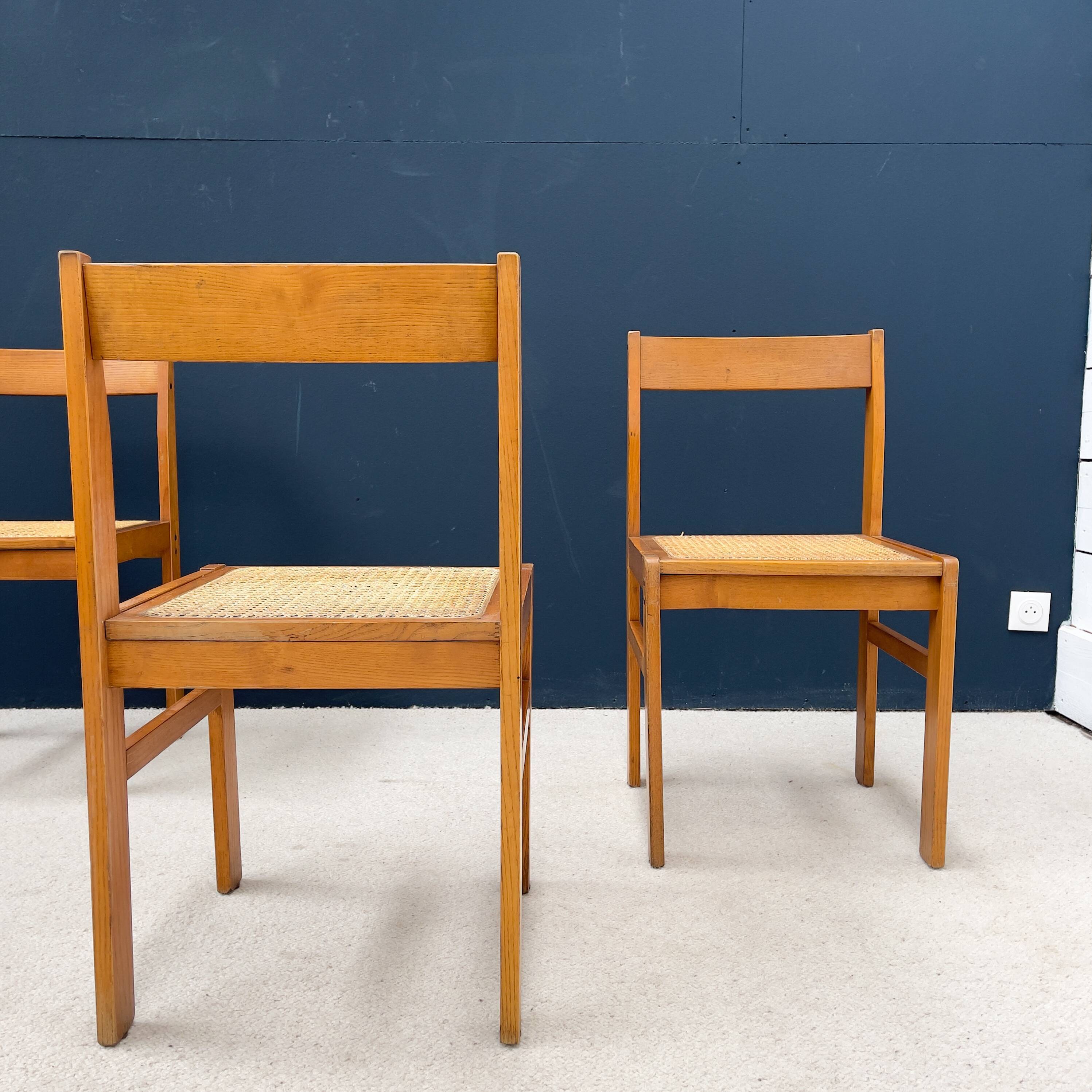 Set of 4 vintage chairs in ash and cannage 1950