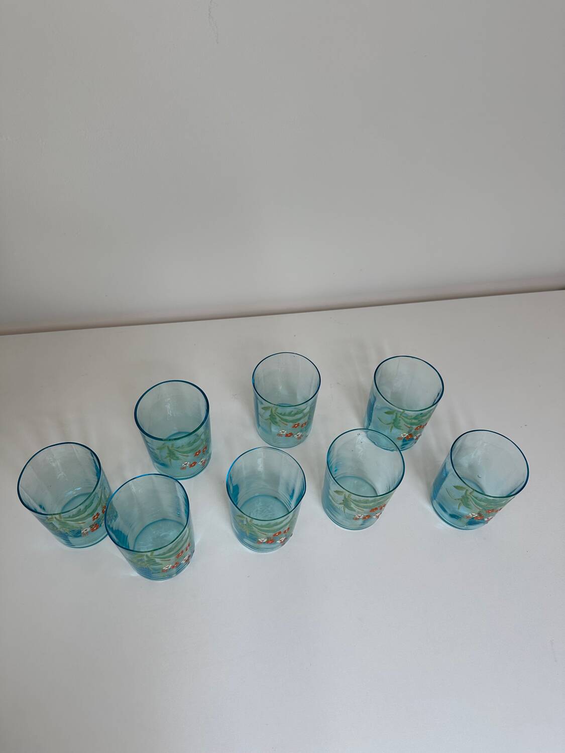 8 verres à eau bleu émaillé, Legras 1920