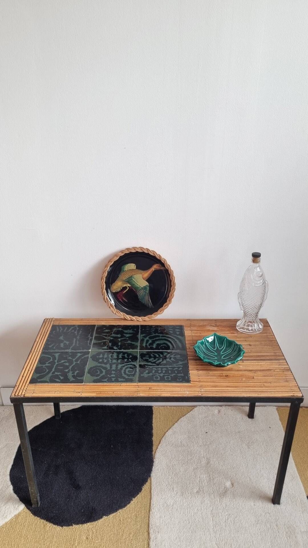 Table basse vintage rotin carreaux 