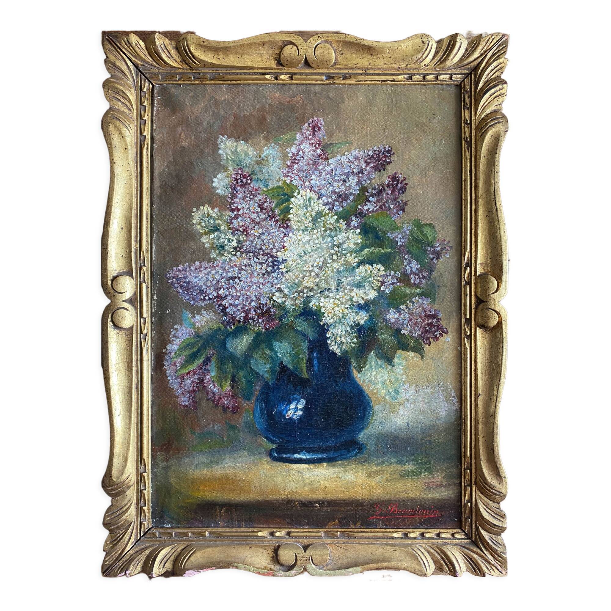 Painting "Bouquet of Lilac" signed G. Beaudouin late nineteenth + frame