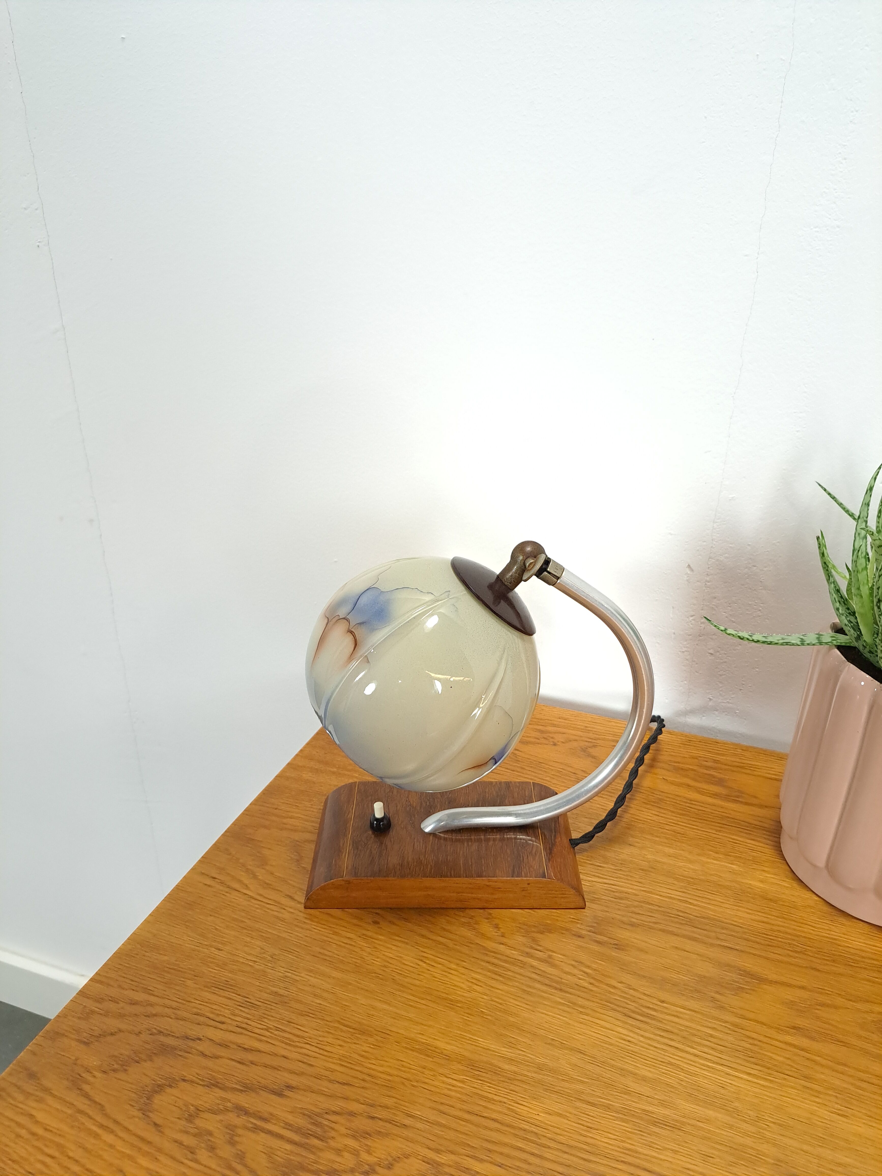 Table lamp with wooden base and glass shade with blue details vintage