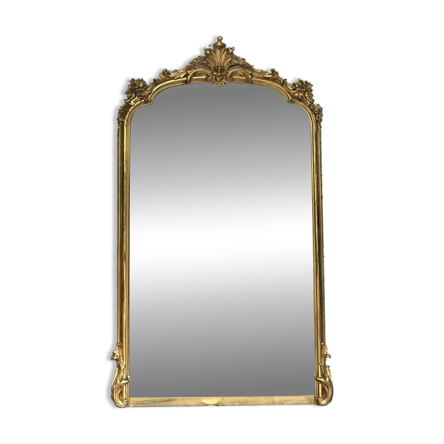 Gold leaf mirror with pediments, 219/131cm, overmantel.