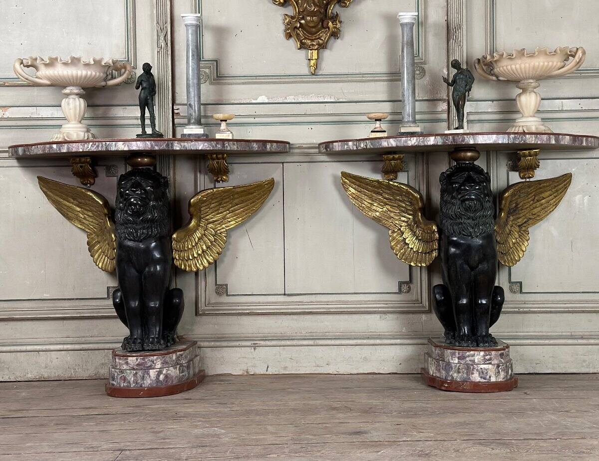 Pair of marble and bronze console tables, Italy, circa 1930